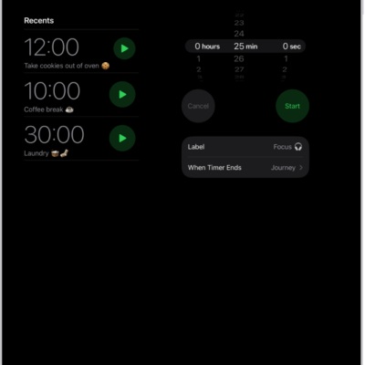 The Timers tab showing settings to set a timer. A recently created timer is below the timer settings. The World Clock, Alarm, Stopwatch, and Timers buttons are along the bottom.