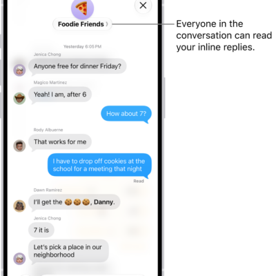 Composing an inline reply in a group conversation in Messages. Another person in the conversation is mentioned, so their name appears in bold.