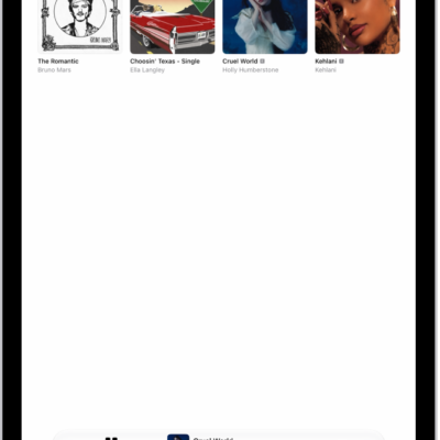 The Albums tab, showing the MiniPlayer near the bottom. The MiniPlayer shows the title of the song that’s playing.