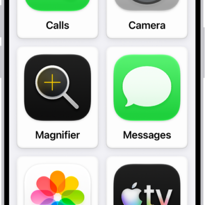 An iPhone showing the Assistive Access Home Screen with a large grid of apps.