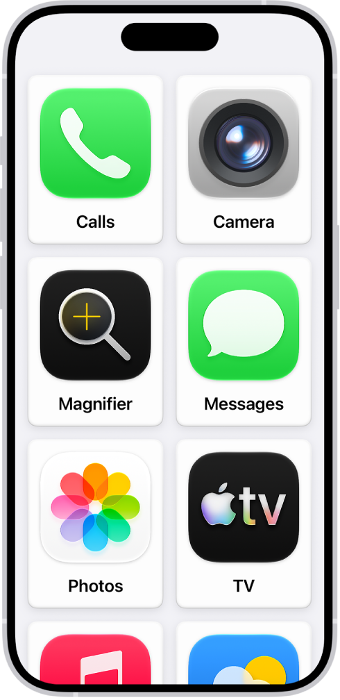 An iPhone showing the Assistive Access Home Screen with a large grid of apps.