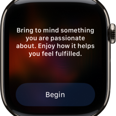 The Mindfulness app showing a thought you can reflect on. A Begin button is below.