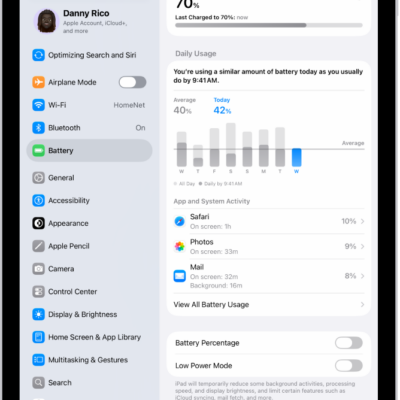 The Battery screen in Settings on iPad. It displays a daily usage graph, a list of apps with their battery consumption, and settings for Battery Health, Battery Percentage, and Low Power Mode.