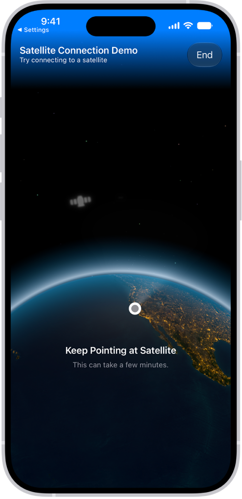 The satellite connection demo, available in the Settings app, provides a preview of what you see when you open the Messages app on an iPhone 14 or later and don’t have cellular or Wi-Fi coverage.
