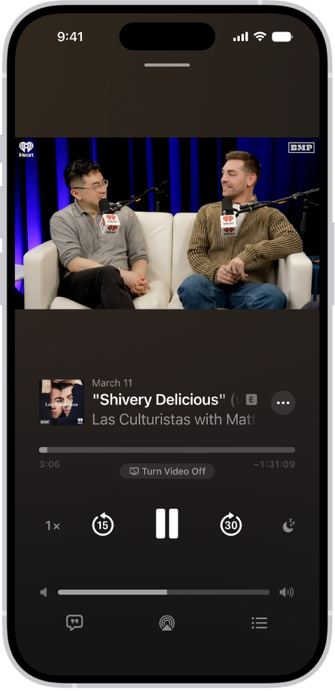 The Now Playing screen in the Podcasts app, showing a video. Below the video is the podcast artwork, the episode title, the playback controls, and the volume slider. At the bottom of the tab are the View Transcript button, the AirPlay icon, and the Playing Next button.