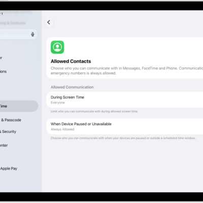 The Allowed Contacts screen in Screen Time showing communication allowed during Screen Time and when devices are paused.