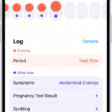 The Cycle Tracking screen showing the timeline for a week at the top of the screen. Solid red circles and purple dots mark the first 5 days on the timeline. Below the timeline are options to add information about periods, symptoms, and more.