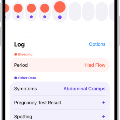 The Cycle Tracking screen showing the timeline for a week at the top of the screen. Solid red circles and purple dots mark the first 5 days on the timeline. Below the timeline are options to add information about periods, symptoms, and more.