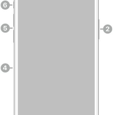 The front view of iPhone 12 Pro Max. The front camera is at the top center. The side button is on the right side. The Lightning connector is on the bottom. On the left side, from bottom to top, are the SIM tray, the volume buttons, and the Ring/Silent switch.
