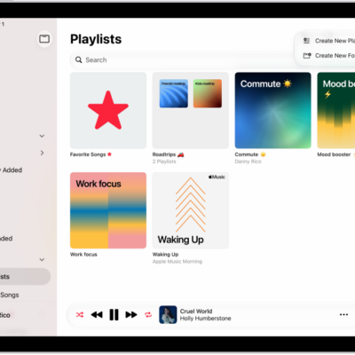 The Playlists tab showing the sidebar at the left and the list of playlists at the right. At the top are buttons to create a new playlist or create a new folder.