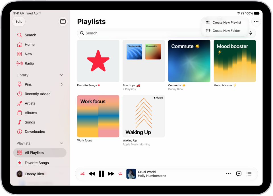 The Playlists tab showing the sidebar at the left and the list of playlists at the right. At the top are buttons to create a new playlist or create a new folder.