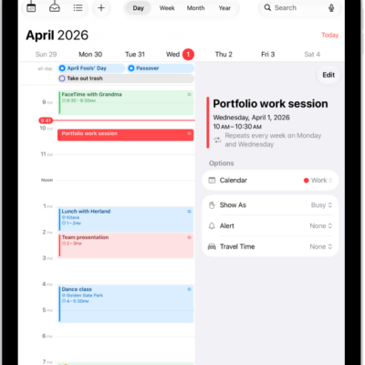 A calendar in Day view. The buttons at the top center let you change the view between Day, Week, Month, and Year. The Calendars button is at the top left of the screen, and the Inbox button is near the top left.