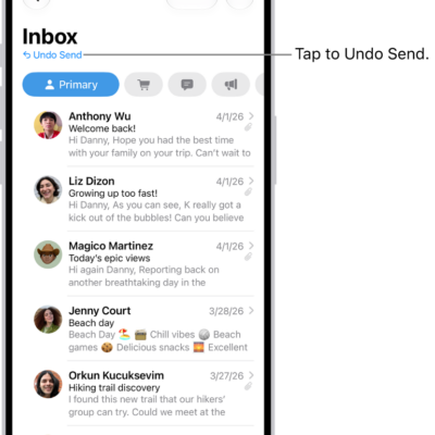 The inbox, showing a list of messages. The Undo Send button (for pulling back a recently sent message) is in the center of the bottom of the screen.