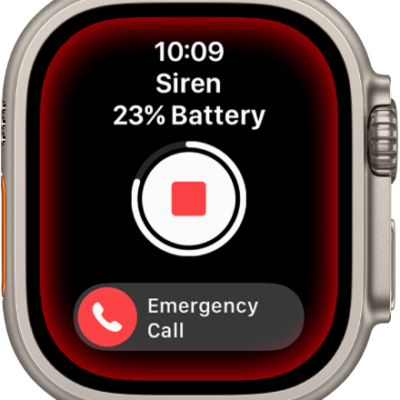 Siren counting down. Near the top is the battery charge, in the middle is a Play button, and at the bottom is the Emergency Call slider.