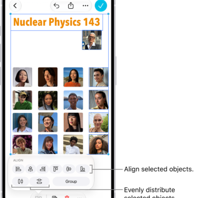 A Freeform board filled with a grid of photos. Several photos are selected, and the alignment and grouping tools appear above them.