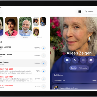 The Phone app, with Favorite contacts on the left side of the screen. Below the Favorites is a list of recent calls and voicemail. The contact information appears on the right side of the screen, with the Keypad button in the top right of the screen.