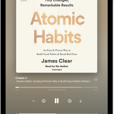 The audiobook player screen showing, from top to bottom, the audiobook cover, the name of the section that's playing, the playhead, pause button, and the skip forward and back buttons. At the bottom is the volume slider and below that are buttons for controlling playback speed, setting a sleep timer, choosing a playback destination, and viewing a list of the book's tracks.