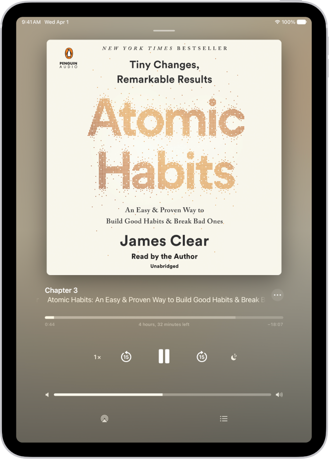 The audiobook player screen showing, from top to bottom, the audiobook cover, the name of the section that’s playing, the playhead, pause button, and the skip forward and back buttons. At the bottom is the volume slider and below that are buttons for controlling playback speed, setting a sleep timer, choosing a playback destination, and viewing a list of the book’s tracks.