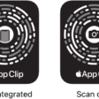 On the left, an NFC-integrated App Clip Code with an iPhone icon in the center. On the right, a scan-only App Clip Code with a camera icon in the center.