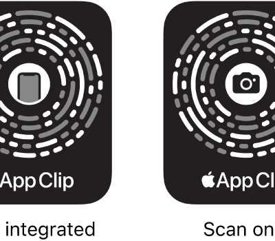 On the left, an NFC-integrated App Clip Code with an iPhone icon in the center. On the right, a scan-only App Clip Code with a camera icon in the center.
