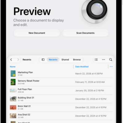 The main screen of the Preview app. The New Document and Scan Documents buttons are in the middle of the screen. Toward the bottom of the screen are the Recents, Shared, and Browse tabs.