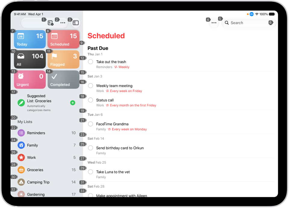 An iPad showing a number next to each item in the Reminders app.