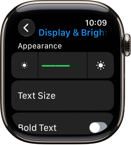 Display & Brightness settings on Apple Watch, with the Brightness slider at the top, and the Text Size button below.