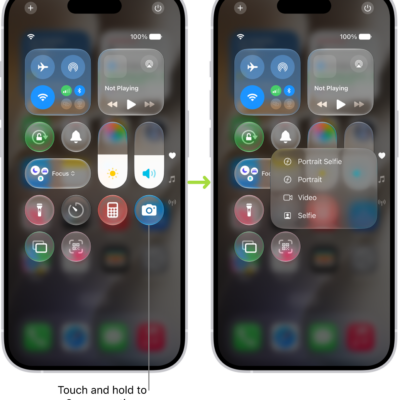 Two Control Center screens side by side—the one on the left shows controls for Airplane Mode, cellular data, Wi-Fi, and Bluetooth in the top-left group. The Camera icon is shown at the bottom right. The screen on the right shows more options in the Quick Actions menu for Camera: Selfie, Video, Portrait, and Portrait Selfie.