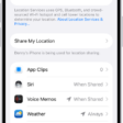 The Location Services screen, with settings to share the location of your iPhone with apps.