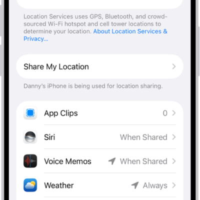 The Location Services screen, with settings to share the location of your iPhone with apps.