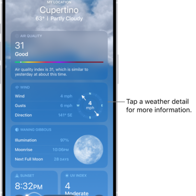 The Weather app showing weather details for a location.