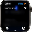 The text field screen showing a message created with dictation. The Emoji and Dictation buttons are at the bottom of the screen.
