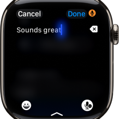 The text field screen showing a message created with dictation. The Emoji and Dictation buttons are at the bottom of the screen.
