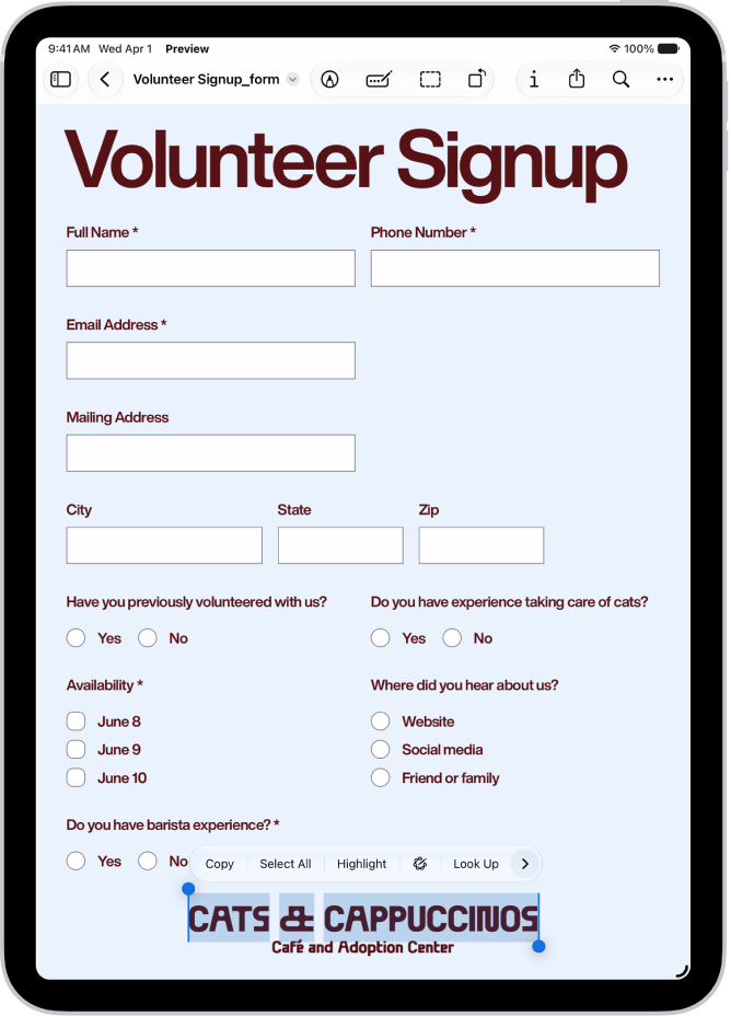 A service agreement PDF in the Preview app with text highlighted and struck through. Highlight, Underline, and Strike Through buttons are shown below the text.