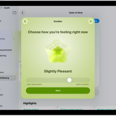 A screen in the Health app identifying the current mood as Slightly Pleasant. At the bottom of the screen is a slider to adjust the level of the emotion.