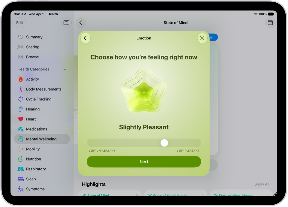 A screen in the Health app identifying the current mood as Slightly Pleasant. At the bottom of the screen is a slider to adjust the level of the emotion.