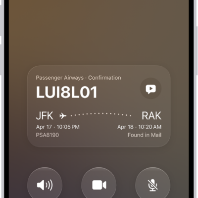 The call screen, showing a Call Context card with a flight confirmation.