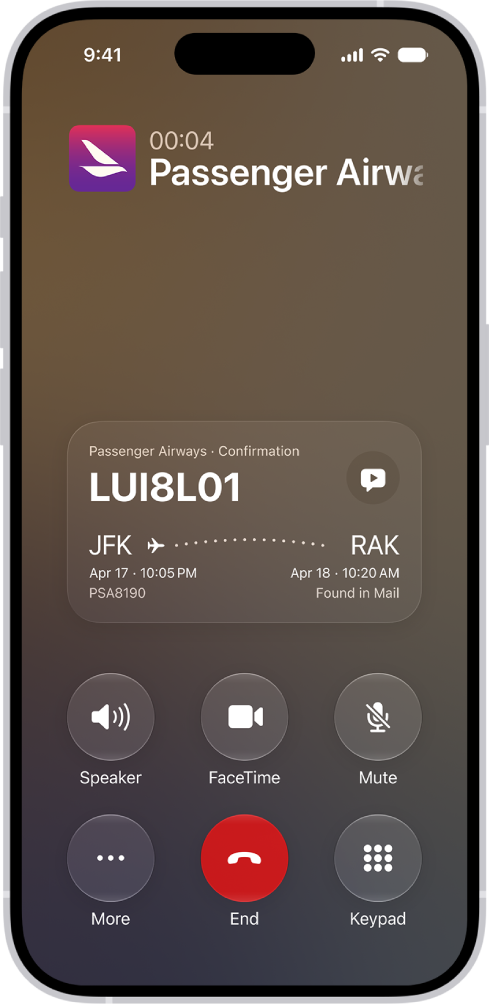 The call screen, showing a Call Context card with a flight confirmation.