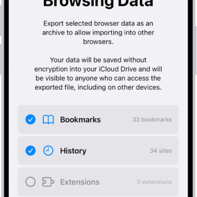 The Export Browsing Data screen, showing the data you can export from Safari to another browser.