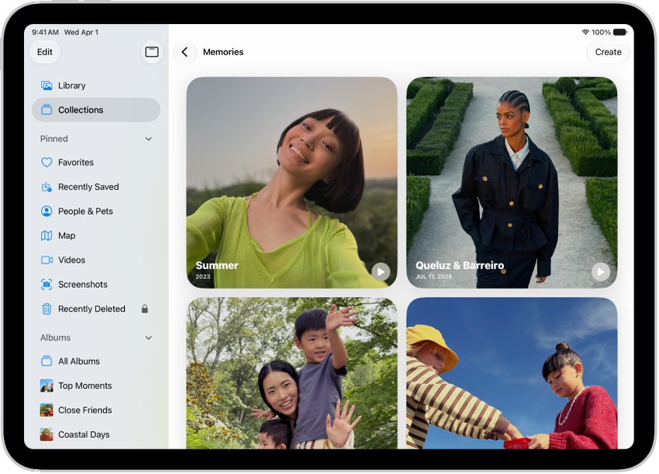 The Photos app is open to the Memories collection. The All tab is selected, with a list of memories below.