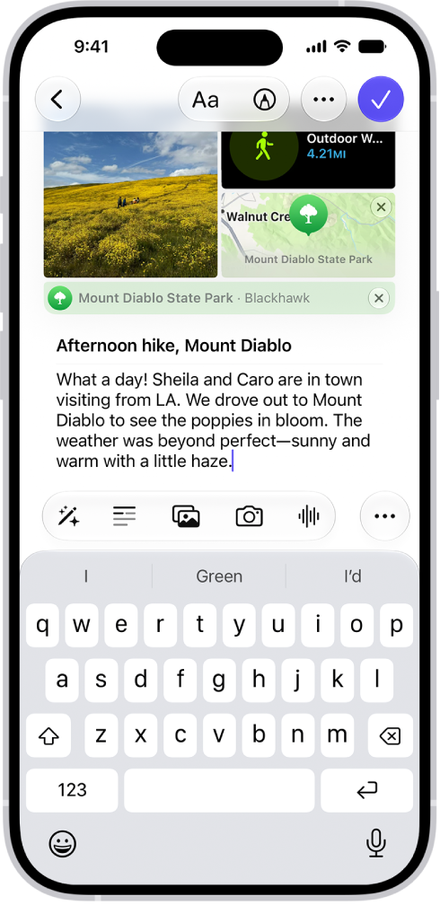 A screen in the Journal app for composing a journal entry.