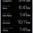 The World Clock tab, showing the time in various cities. The Edit button near the upper-left corner lets you reorder or delete clocks. The Add button near the upper-right corner lets you add more clocks. World Clock, Alarm, Stopwatch, and Timers buttons are along the bottom.