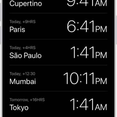 The World Clock tab, showing the time in various cities. The Edit button near the upper-left corner lets you reorder or delete clocks. The Add button near the upper-right corner lets you add more clocks. World Clock, Alarm, Stopwatch, and Timers buttons are along the bottom.