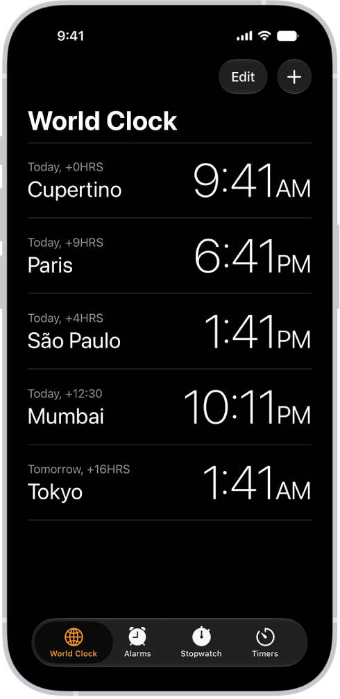 The World Clock tab, showing the time in various cities. The Edit button near the upper-left corner lets you reorder or delete clocks. The Add button near the upper-right corner lets you add more clocks. World Clock, Alarm, Stopwatch, and Timers buttons are along the bottom.