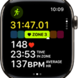 A running workout in progress shows the workout's elapsed time, the zone you're currently in, heart rate, time in zone, and average heart rate.