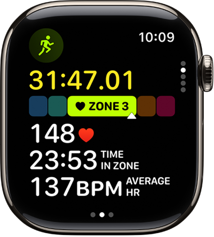 A running workout in progress shows the workout’s elapsed time, the zone you’re currently in, heart rate, time in zone, and average heart rate.