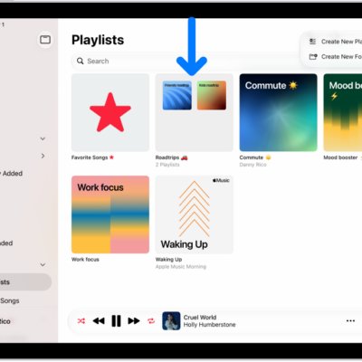 The Music app open on iPad with the sidebar on the left and the list of playlists on the right. At the top are buttons to create a new playlist or create a new folder. A blue arrow is pointing to a playlist folder named Roadtrips.