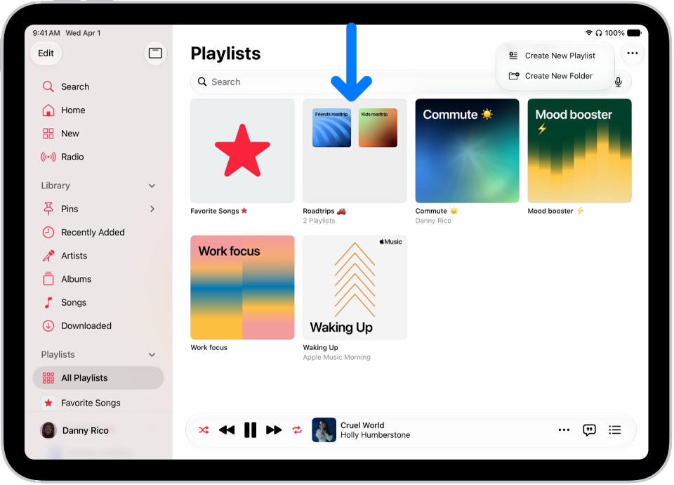 The Music app open on iPad with the sidebar on the left and the list of playlists on the right. At the top are buttons to create a new playlist or create a new folder. A blue arrow is pointing to a playlist folder named Roadtrips.