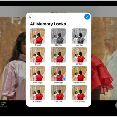 A memory movie is playing and in the middle of the screen are the options for applying a Memory Look.