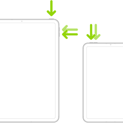 Two iPad models, each with a top button. One model has volume buttons on the side; the other has volume buttons at the top.